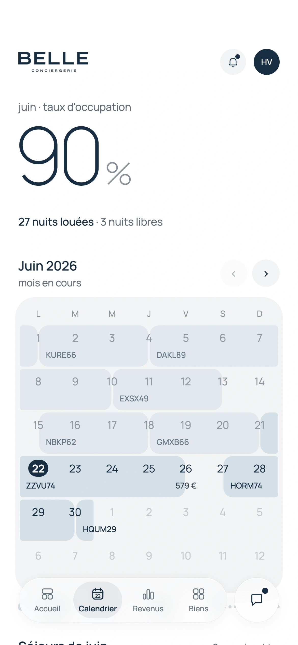 Écran de l’app Belle for Owners : Votre calendrier, nuit par nuit