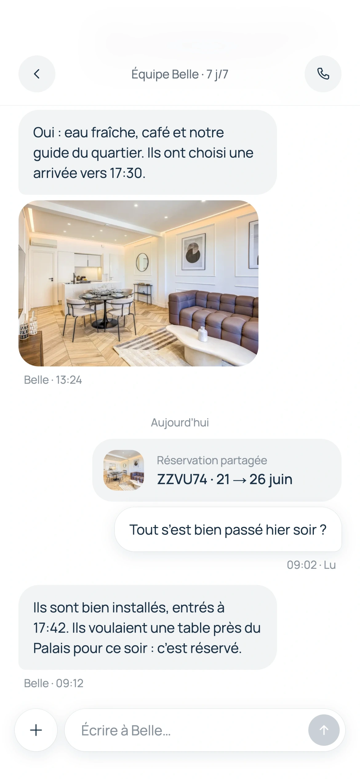 Écran de l’app Belle for Owners : Messages avec l’équipe Belle