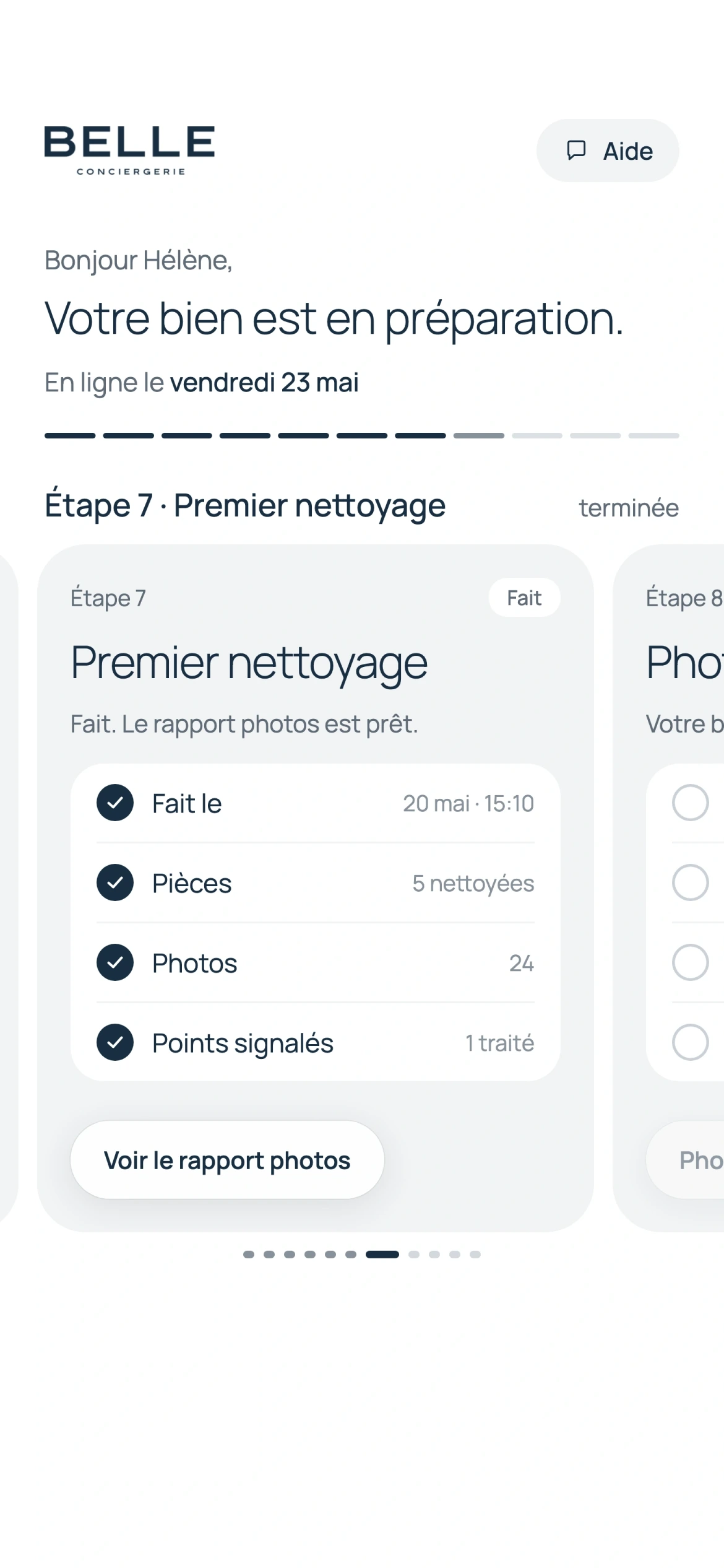 Écran de l’app Belle for Owners : Premier nettoyage, rapport photo