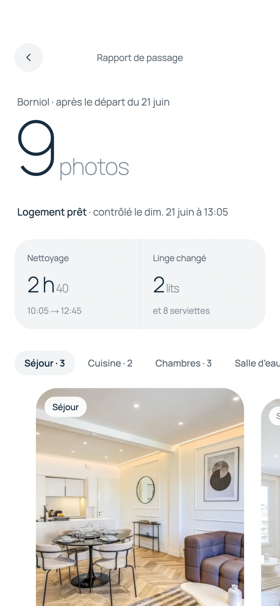 Écran de l’app Belle for Owners : Rapport photo après chaque passage